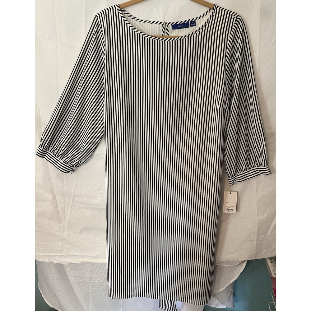 NWT APT. 9 Womens Dress Black White Stripe XL Lined 3/4 Sleeves Belted Boatneck